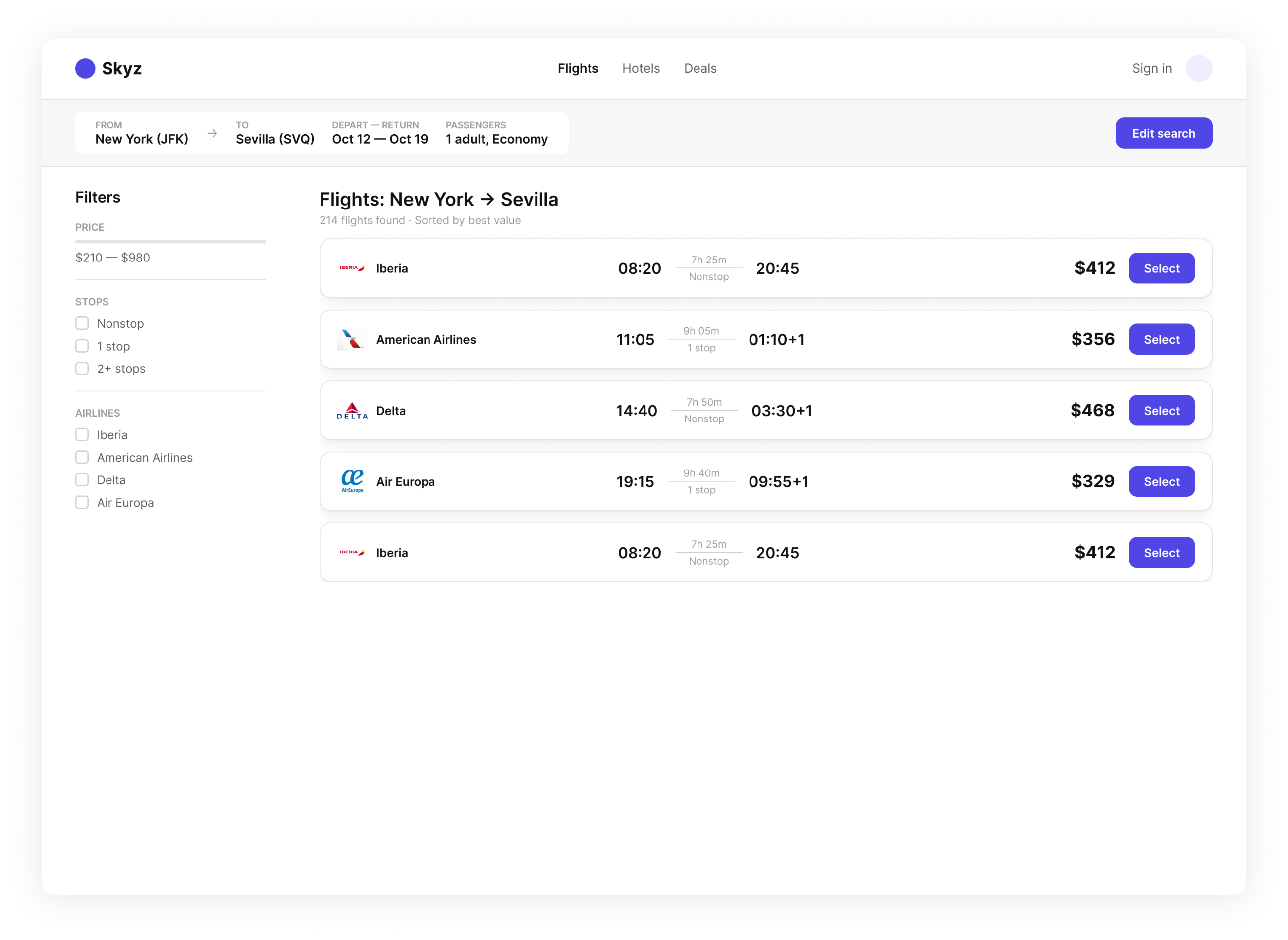 Flight search results