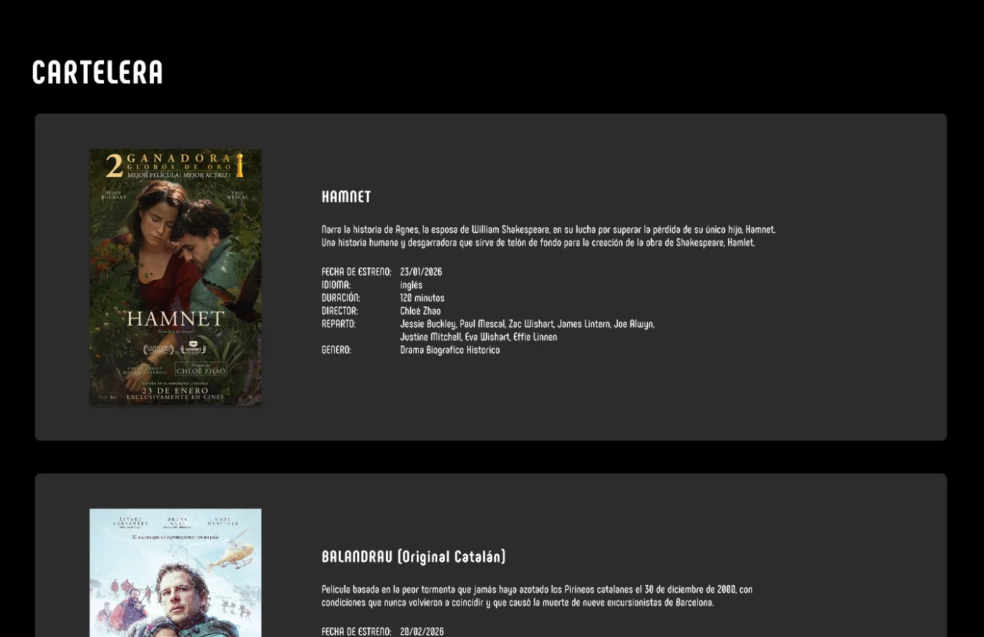 Cartelera page